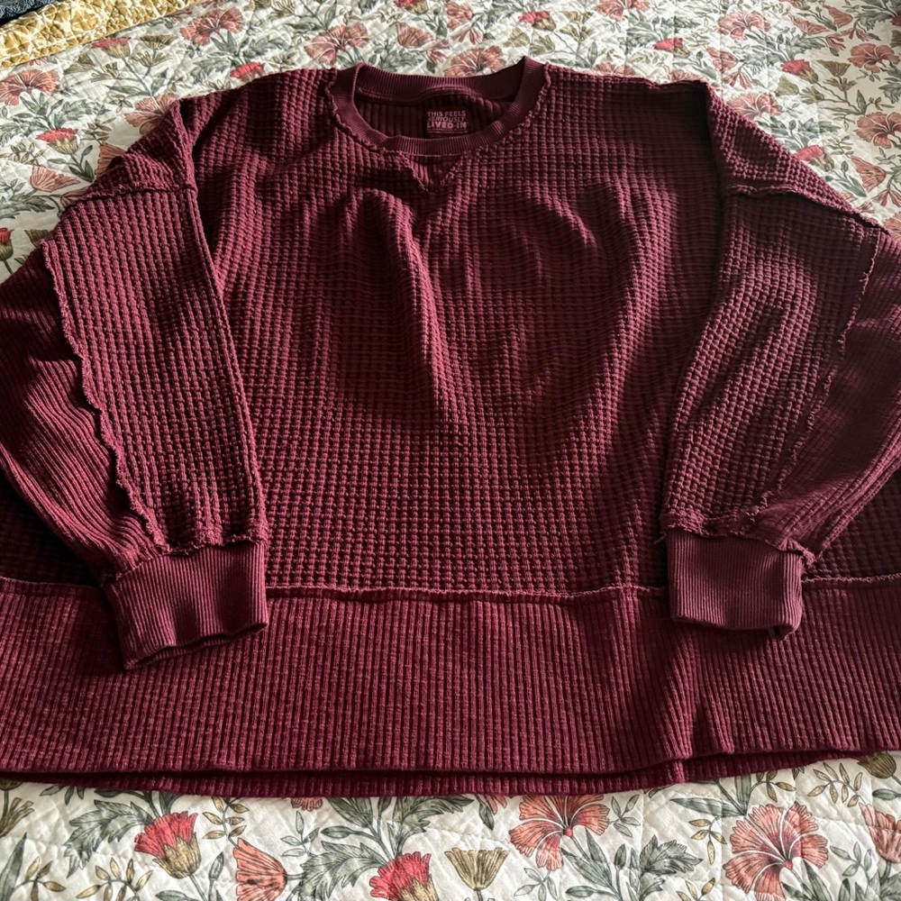 Aerie Big Hug Waffle Knit Burgundy Sweatshirt